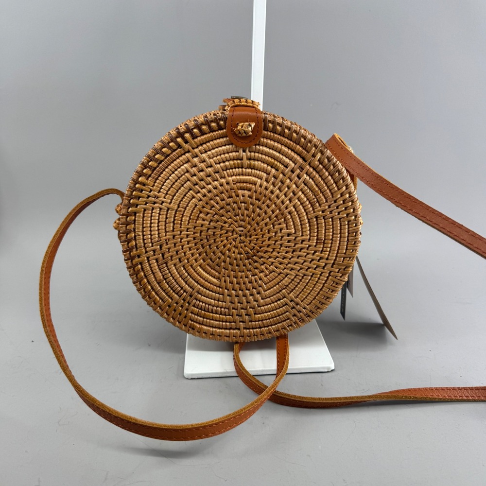 Handcrafted Vietnam Round Rattan Woven Crossbody Bag Leather Strap Brown 8in